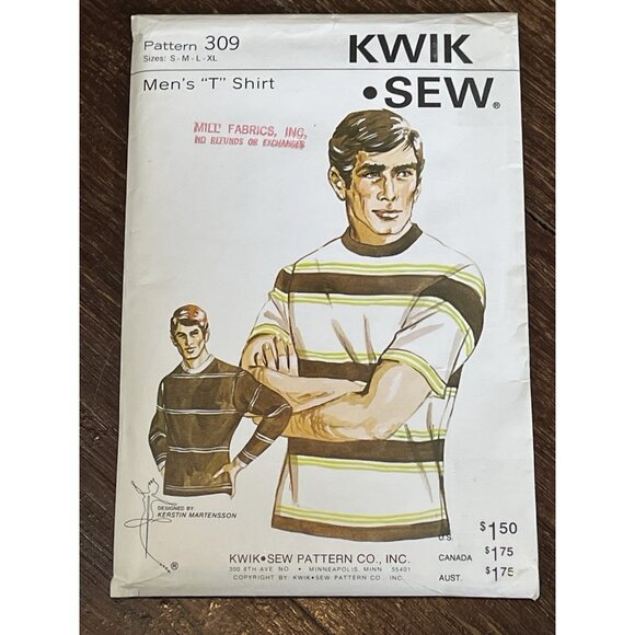 Kwik Sew 309 Sewing Pattern Vintage Men's Raglan Sleeve T-Shirt Sizes S-XL UNCUT - Picture 1 of 3